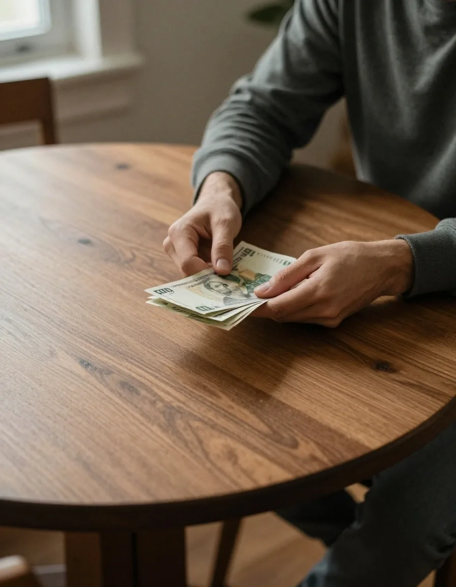 Person holding physical banknotes in hands over wooden table