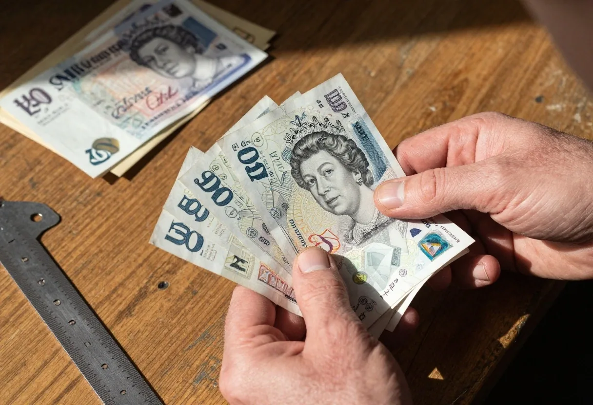 Hands holding and counting physical pound sterling banknotes across a timber workshop table