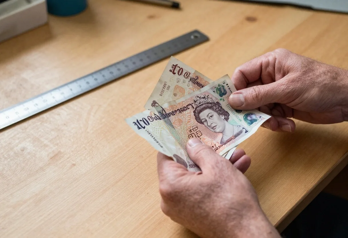 Hands carefully counting paper currency over a solid timber table